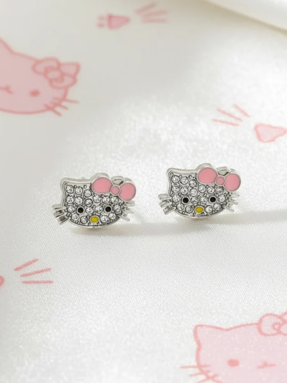 Girls Pink Bow Crystal Kitty Stud Earrings